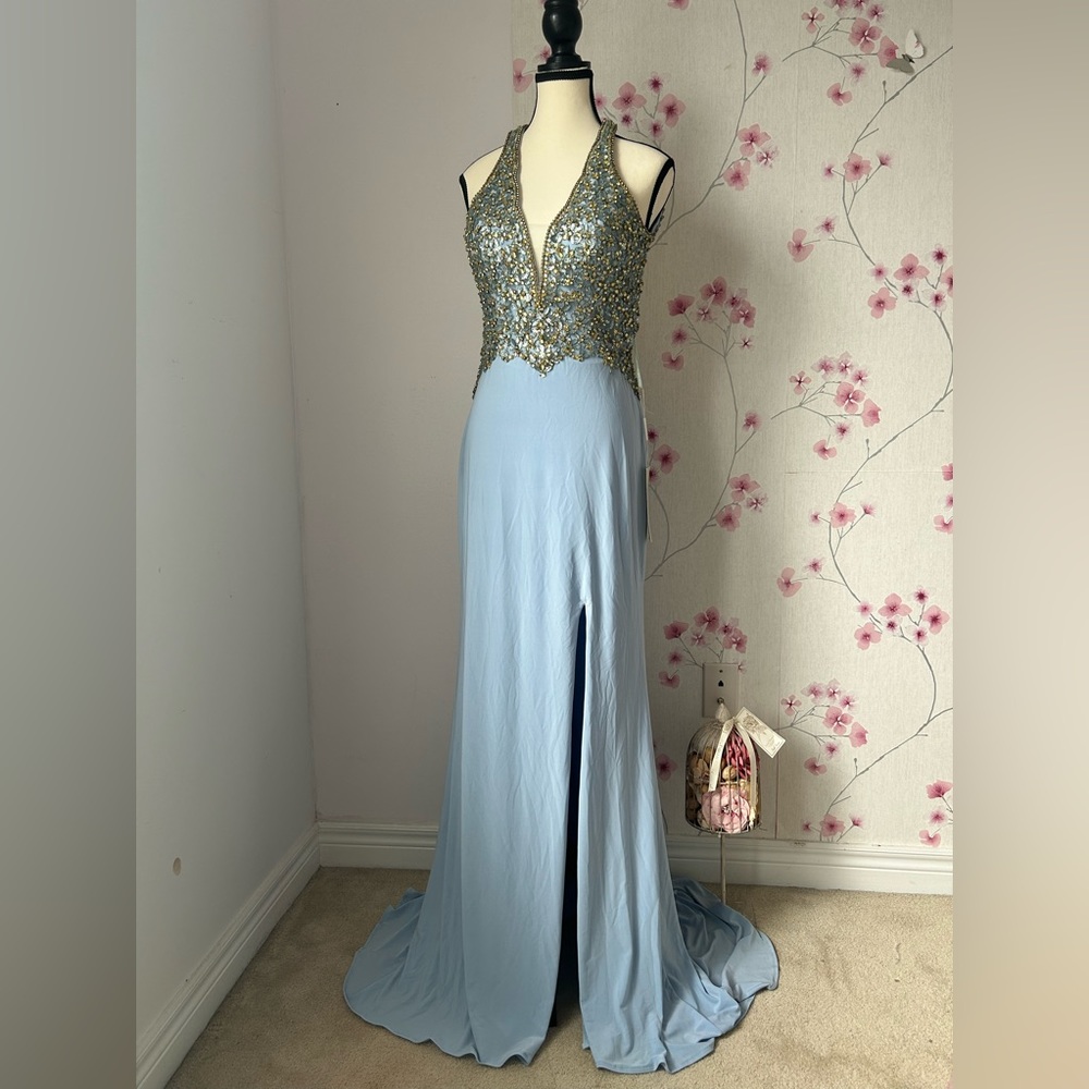 Musani Size 8 (L) blue sleeveless handbead and straps decor /left open leg dress